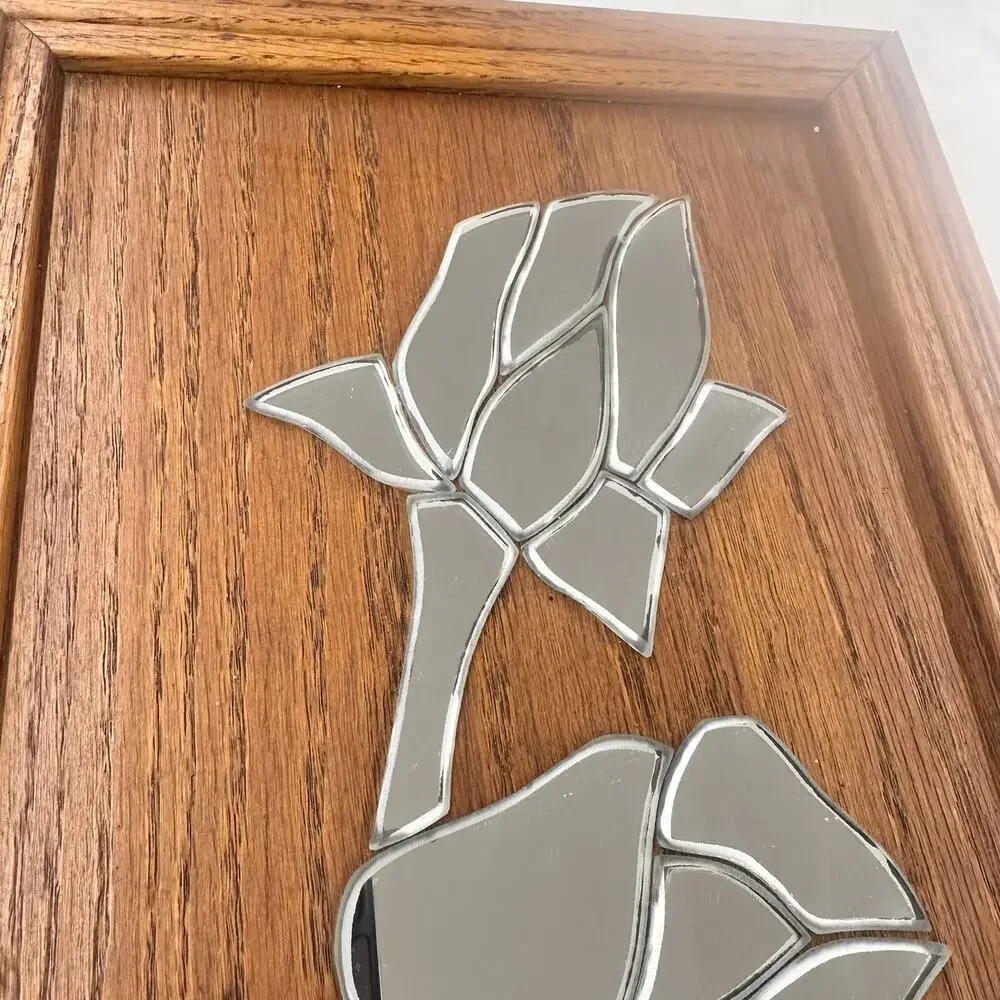 Vintage 70s Mirror Rose Wood Wall Art Panel Retro Glass Mosaic Plaque Boho 1980s